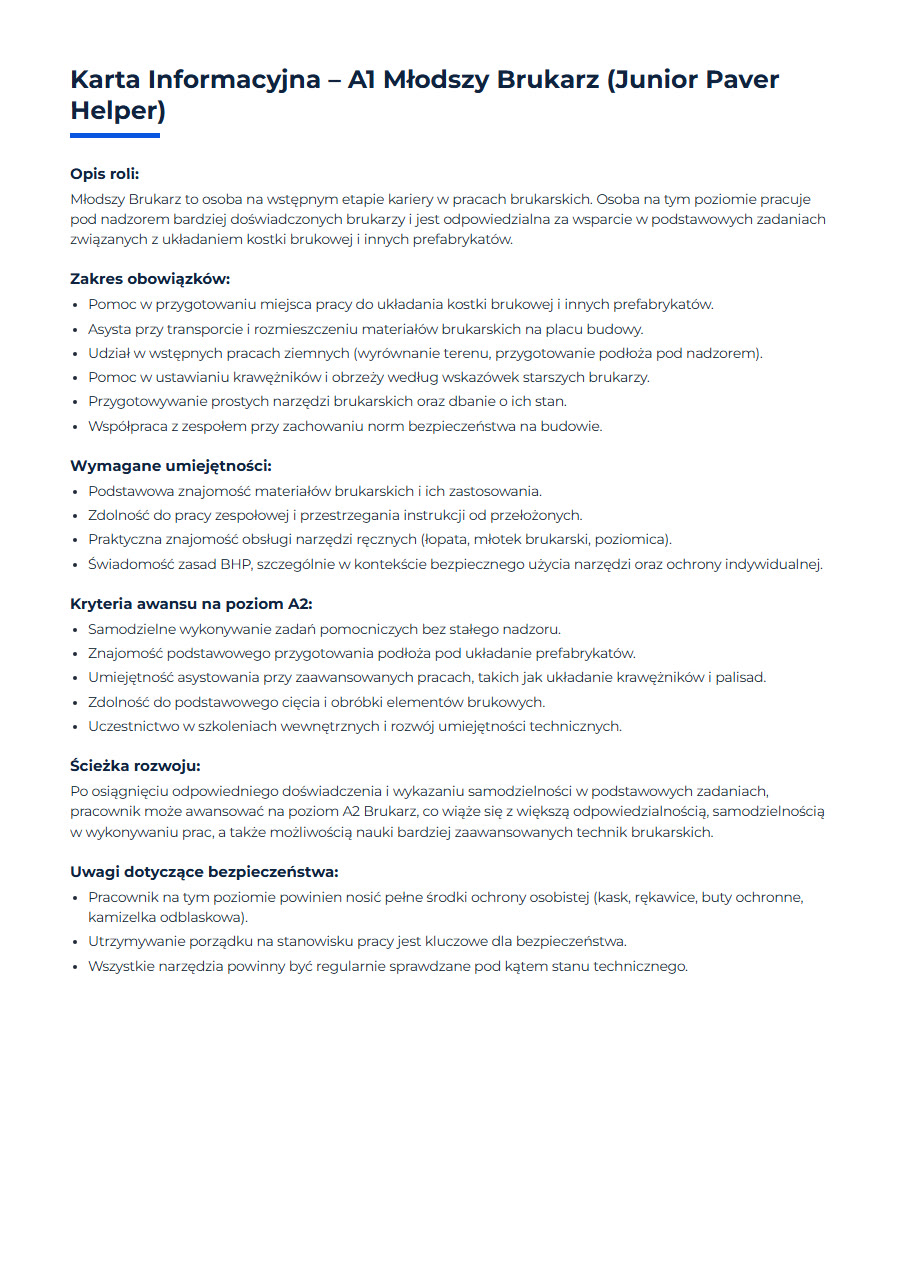 Portfolio Karta informacyjna A1 Młodszy Brukarz